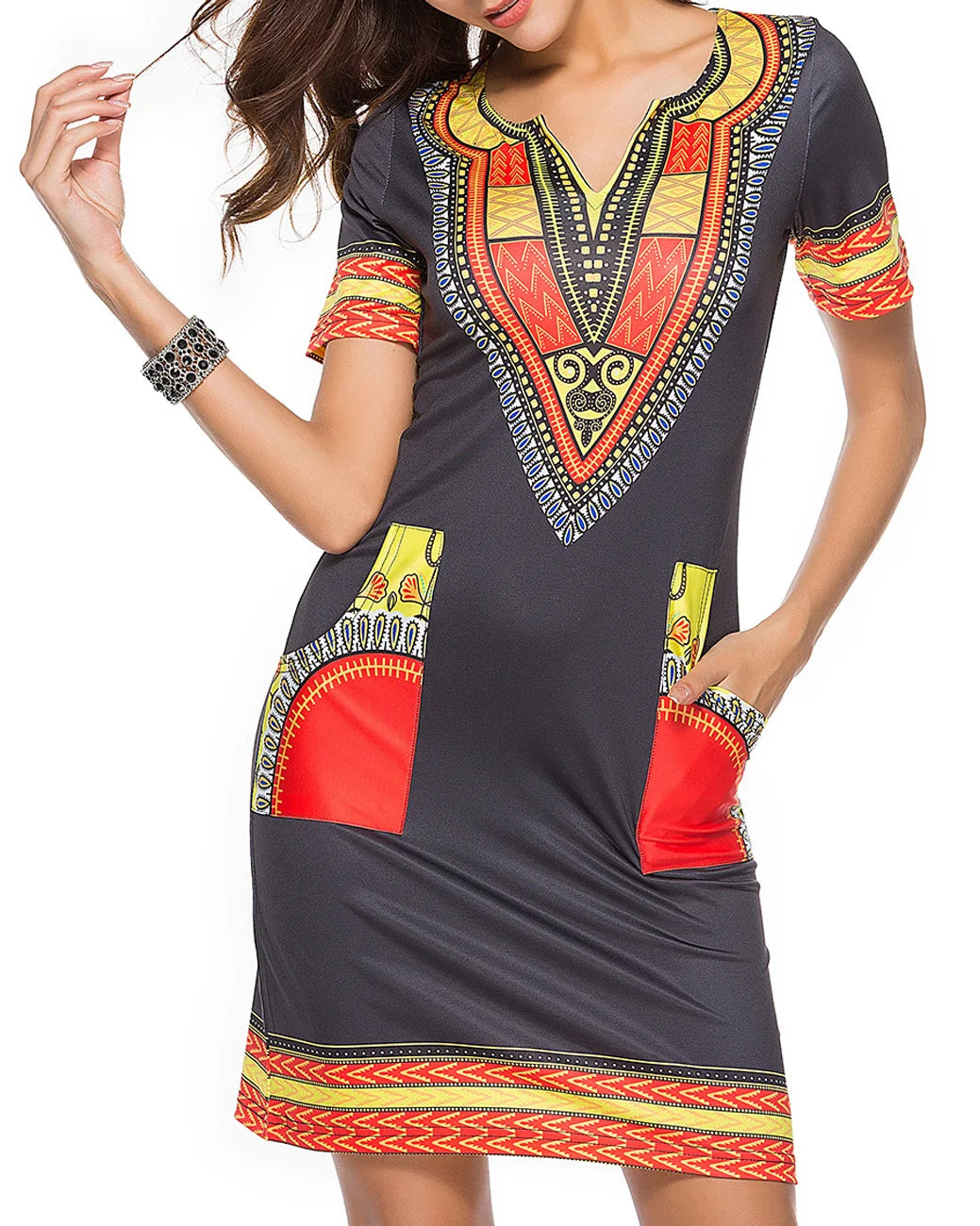 African Dresses for Women Summer 2022 Fashion Style African Women Short Sleeve V-neck Polyester Knee-length Dress
