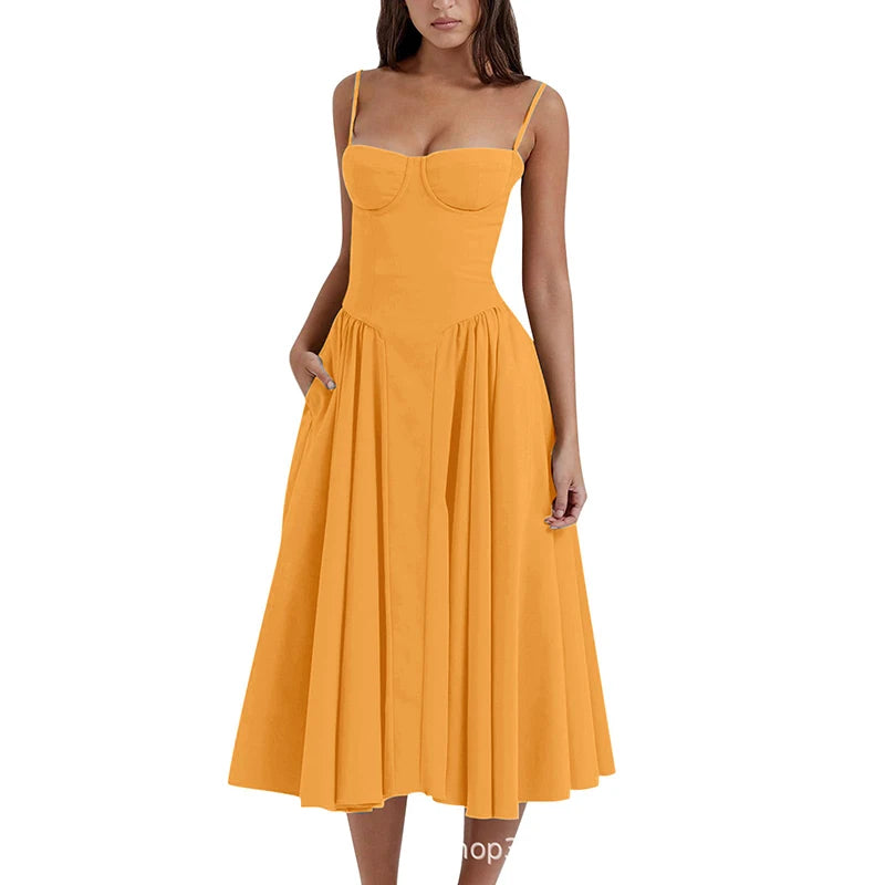 Elegant Spaghetti Strap A-Line Midi Dress – Spring/Summer Party Style
