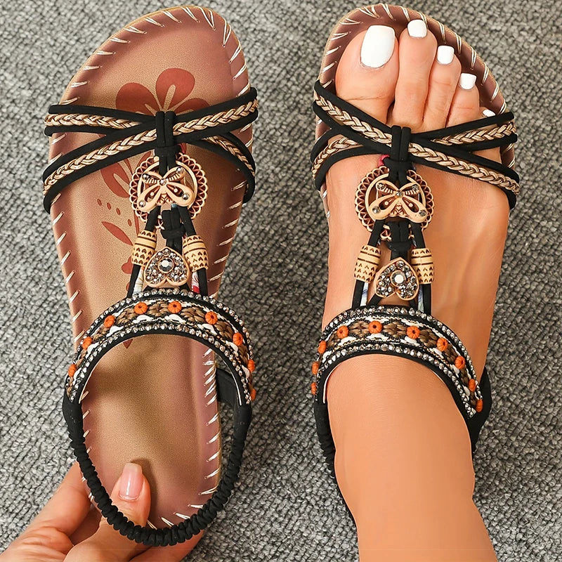 Bohemian Women's Summer Sandals – Soft Sole, Low Heel, Non-Slip Gladiator Style with Beaded Details