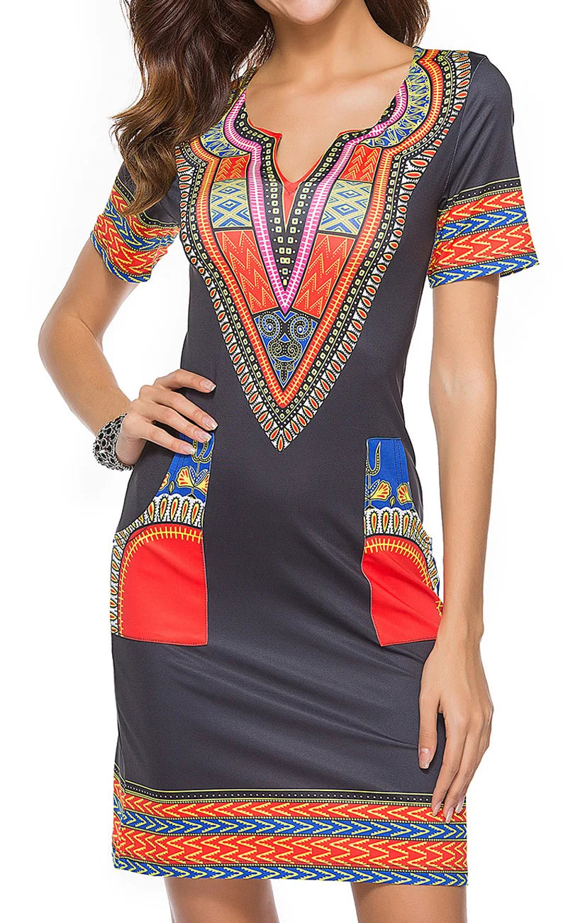 African Dresses for Women Summer 2022 Fashion Style African Women Short Sleeve V-neck Polyester Knee-length Dress