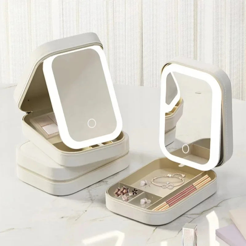 Portable Makeup Storage Box with LED Mirror – Travel Cosmetic Organizer with Touch Light