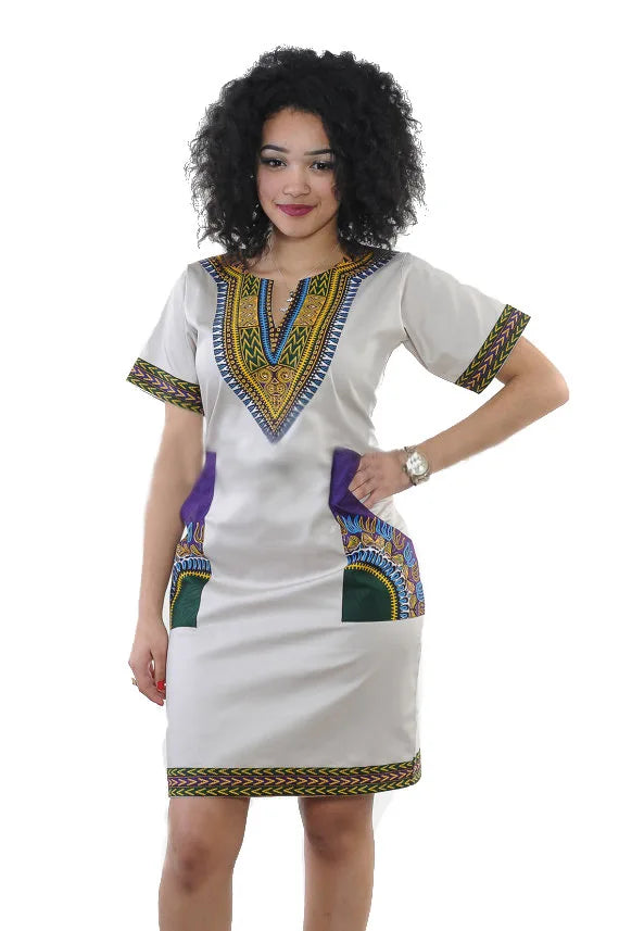 African Dresses for Women Summer 2022 Fashion Style African Women Short Sleeve V-neck Polyester Knee-length Dress