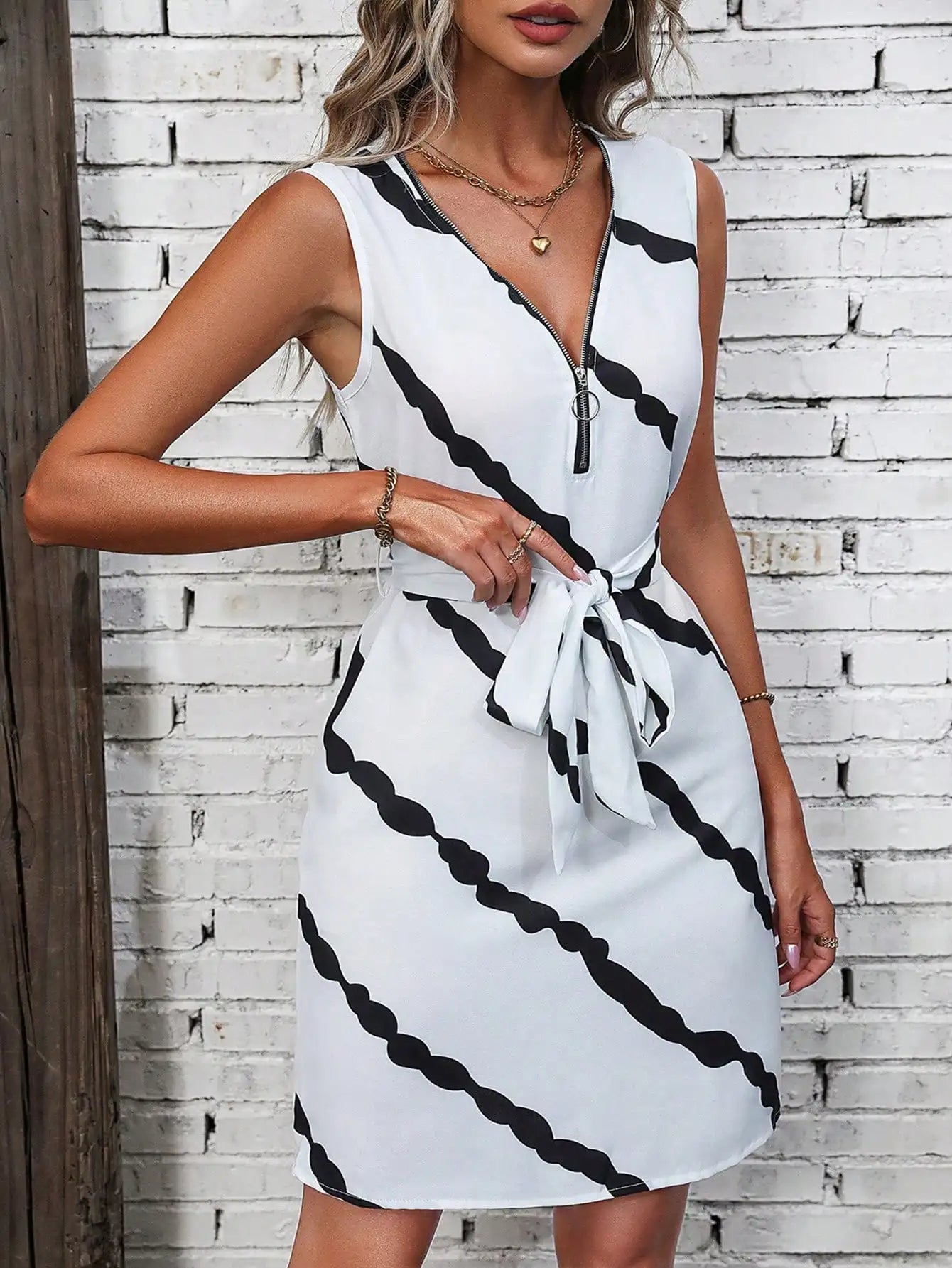Elegant Striped Belted Dress For Women
