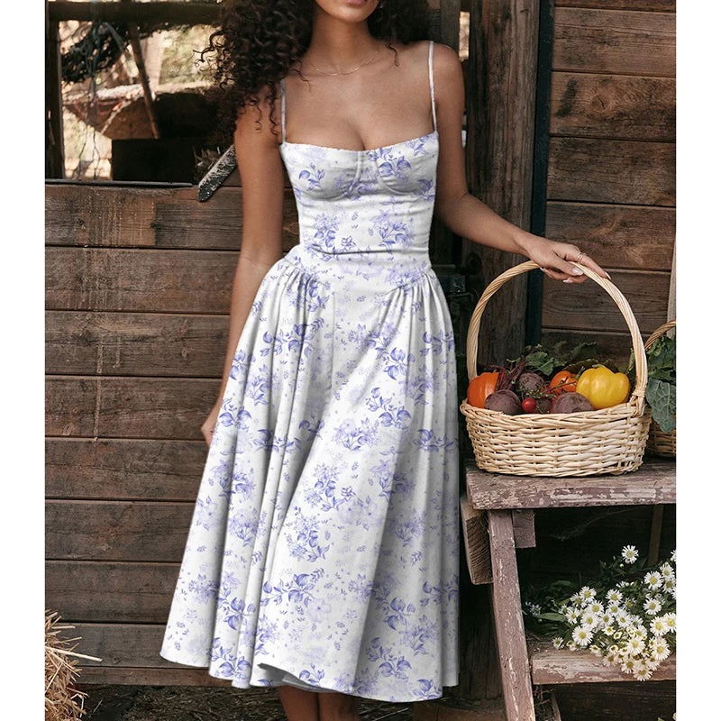 Elegant Spaghetti Strap A-Line Midi Dress – Spring/Summer Party Style