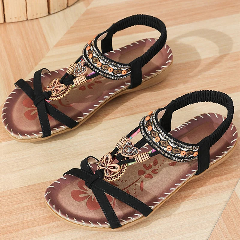 Bohemian Women's Summer Sandals – Soft Sole, Low Heel, Non-Slip Gladiator Style with Beaded Details