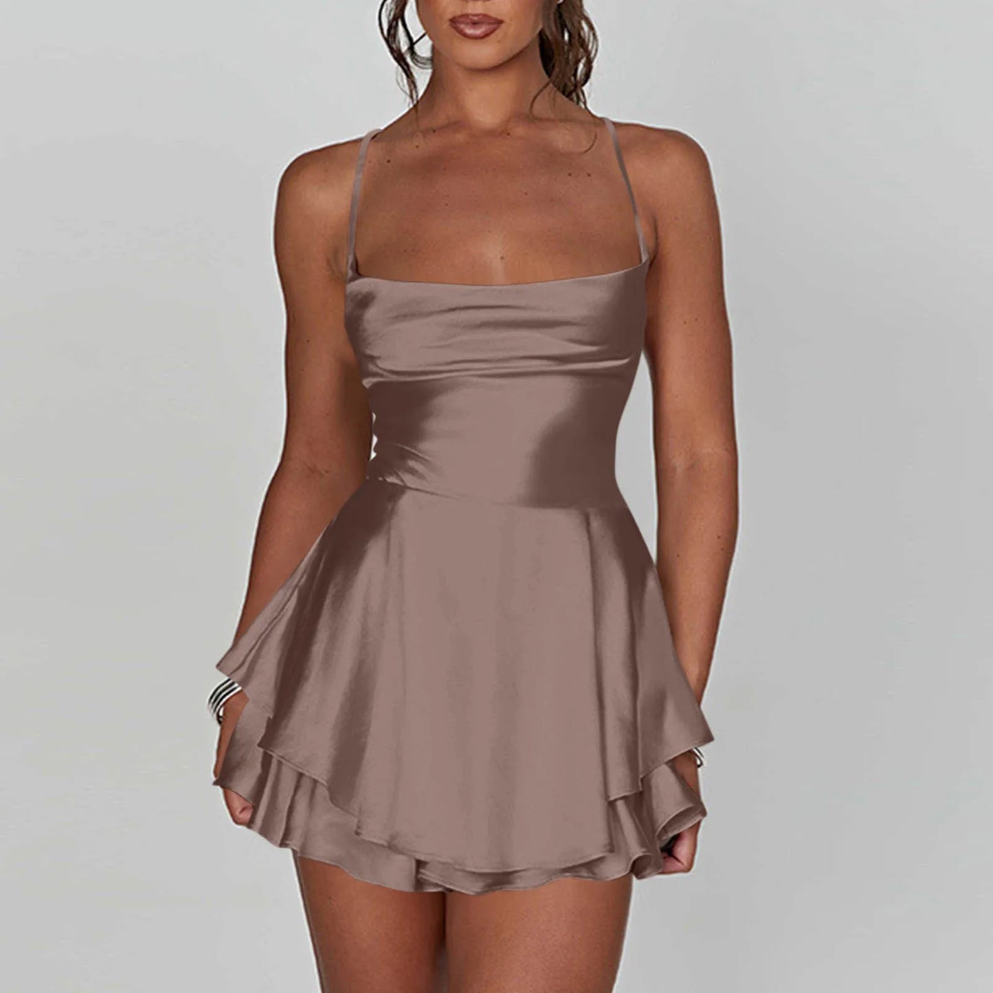 Women’s Satin Backless Mini Dress – Cowl Neck, Spaghetti Straps, Slim Fit Party Dress