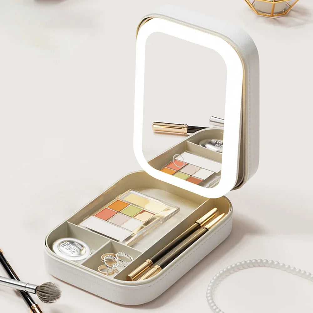 Portable Makeup Storage Box with LED Mirror – Travel Cosmetic Organizer with Touch Light