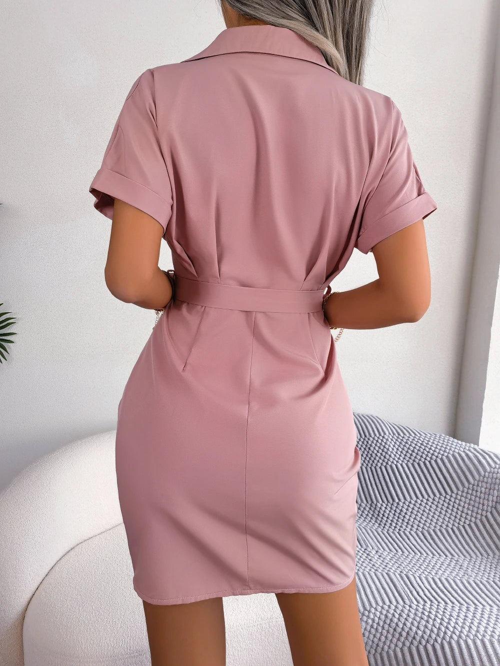 Women’s Casual Summer Pencil Dress – Short Sleeve, Button Detail, Slim Fit Mini Dress