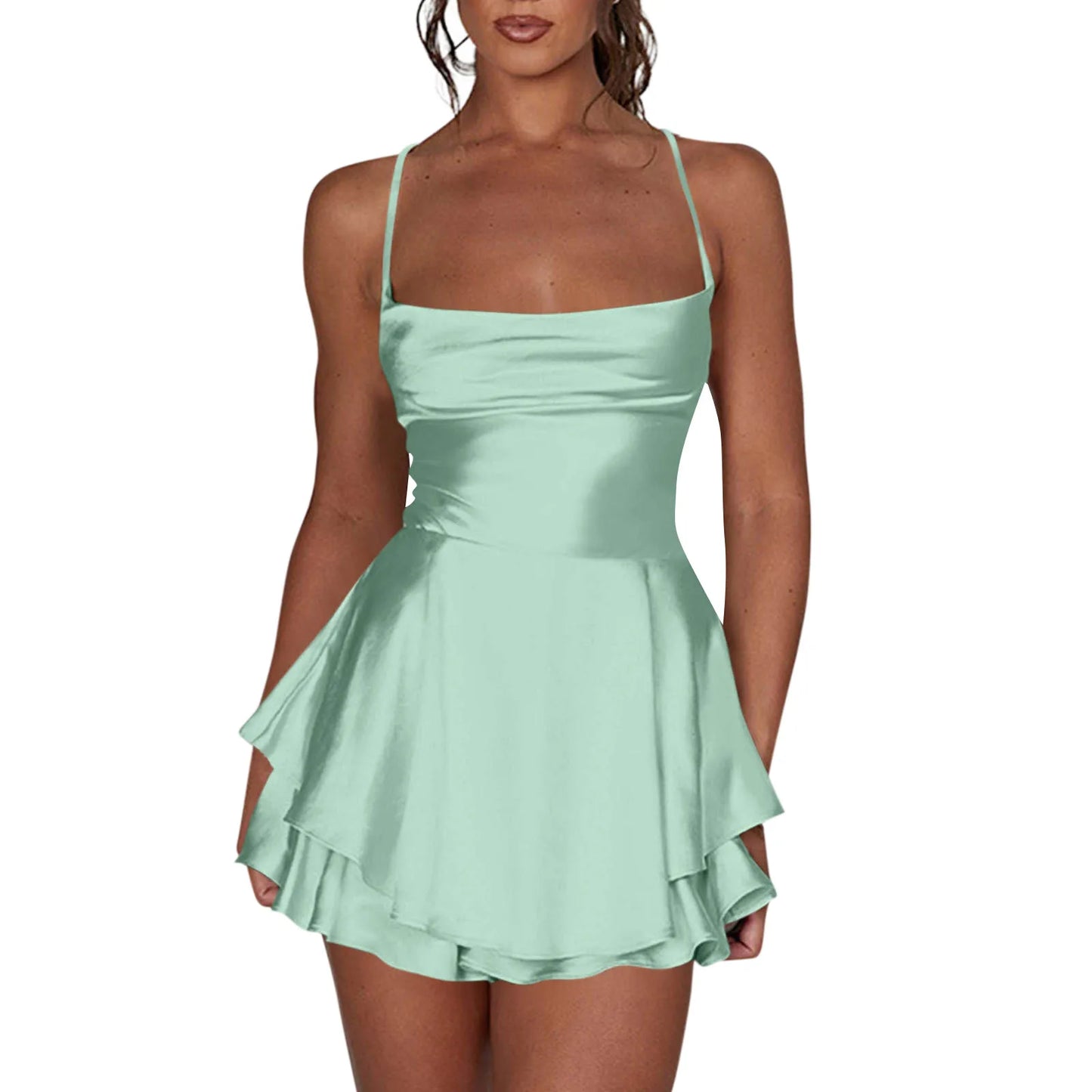 Women’s Satin Backless Mini Dress – Cowl Neck, Spaghetti Straps, Slim Fit Party Dress