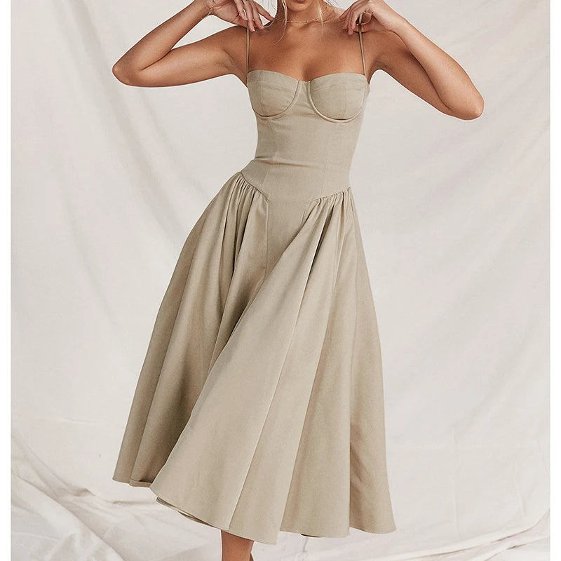Elegant Spaghetti Strap A-Line Midi Dress – Spring/Summer Party Style