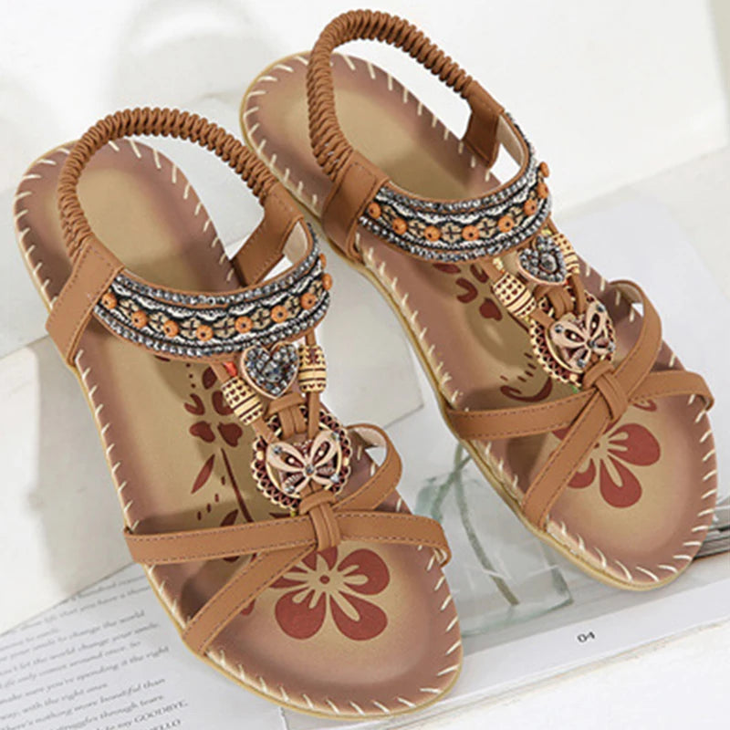 Bohemian Women's Summer Sandals – Soft Sole, Low Heel, Non-Slip Gladiator Style with Beaded Details