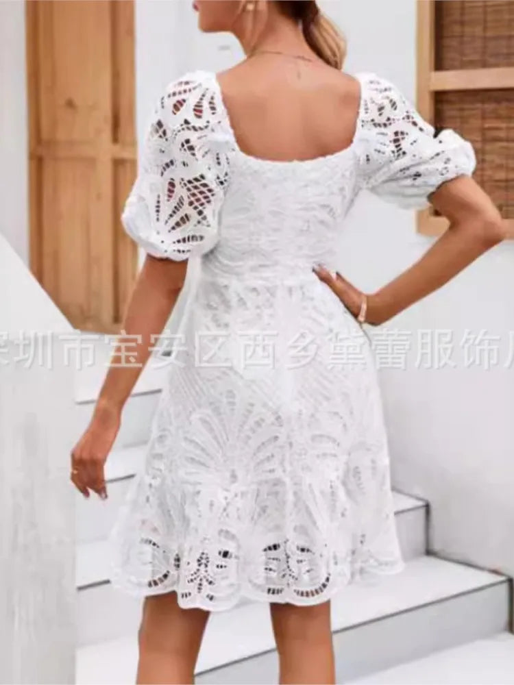 Summer New Chic Hollow Out White Party Dress Women New Sexy Lace Mini Dresses Female Vintage Elegant A-line Short Dresses