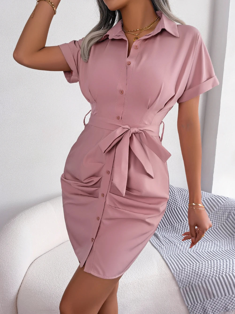 Women’s Casual Summer Pencil Dress – Short Sleeve, Button Detail, Slim Fit Mini Dress