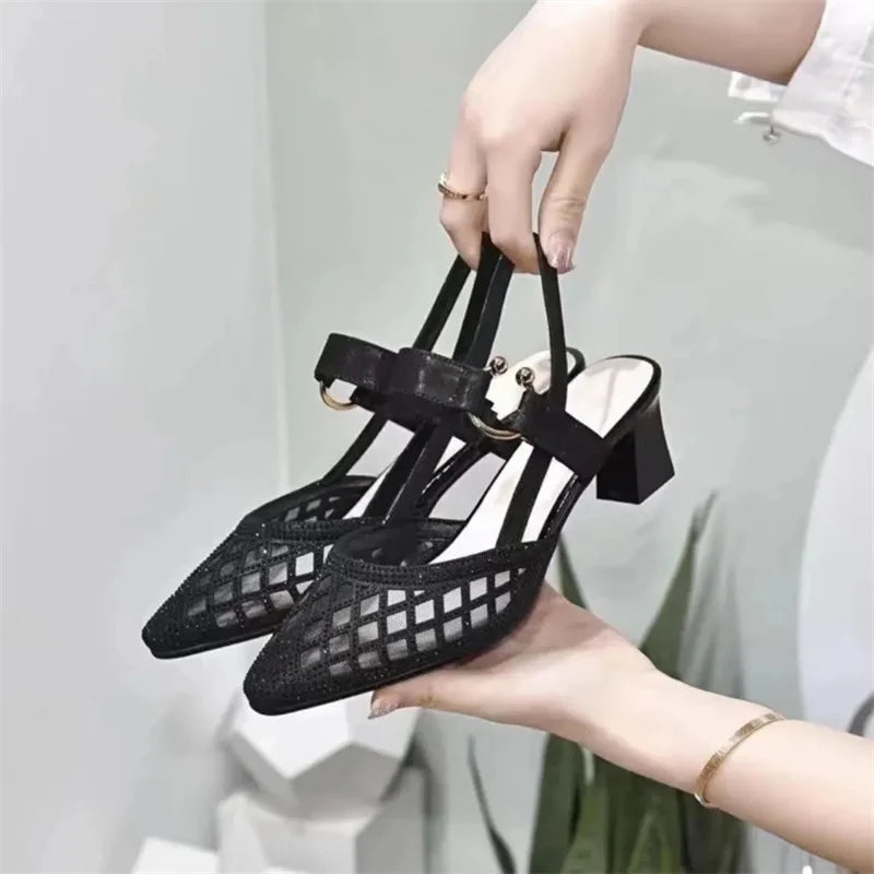 Marlisasa Women's Mesh Buckle Strap Heels – Breathable Fashion Pumps with Square Spike Heel
