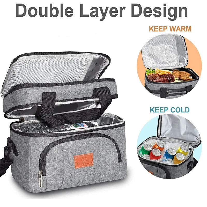 Insulated Double-Layer Lunch Tote Bag – Large Cooler with Shoulder Strap for Work, Travel & Picnic (Unisex)