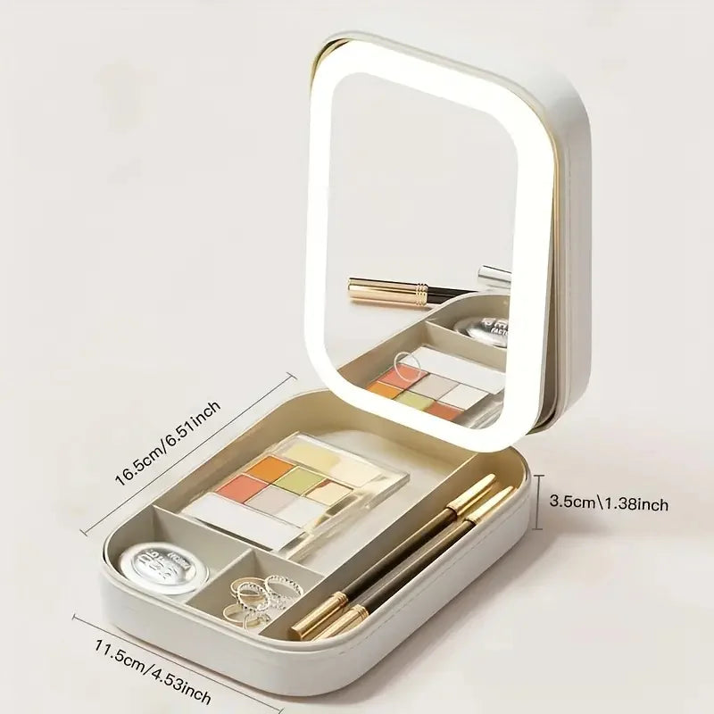 Portable Makeup Storage Box with LED Mirror – Travel Cosmetic Organizer with Touch Light