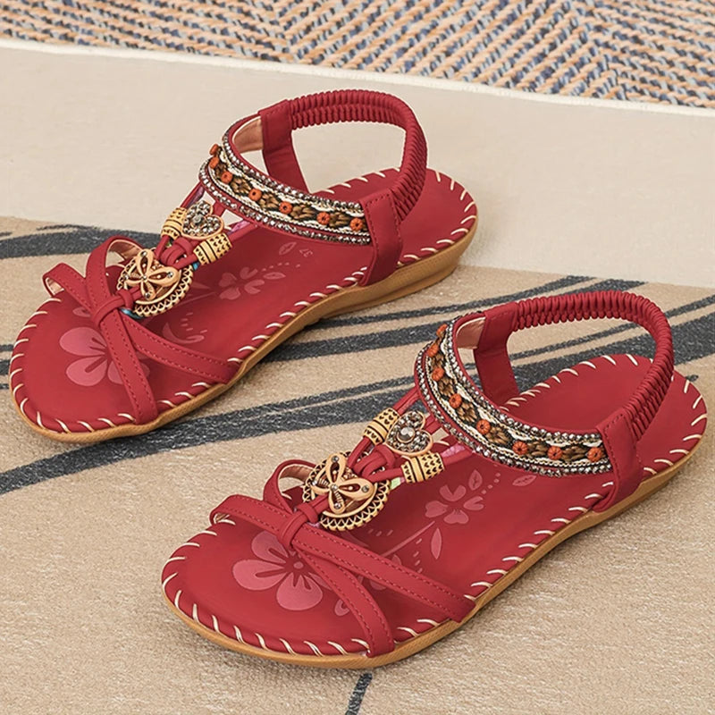 Bohemian Women's Summer Sandals – Soft Sole, Low Heel, Non-Slip Gladiator Style with Beaded Details