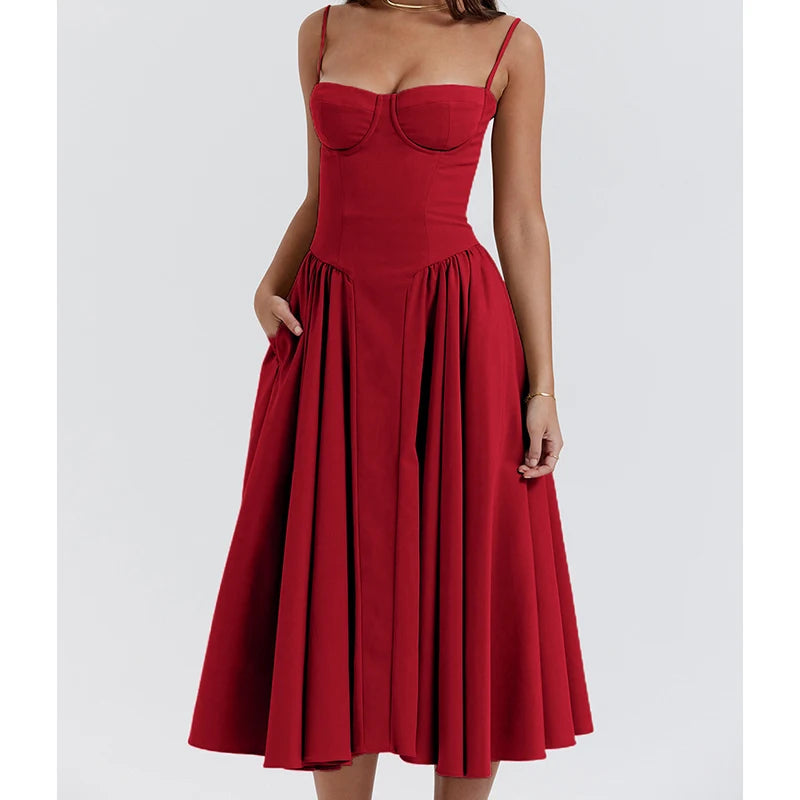 Elegant Spaghetti Strap A-Line Midi Dress – Spring/Summer Party Style