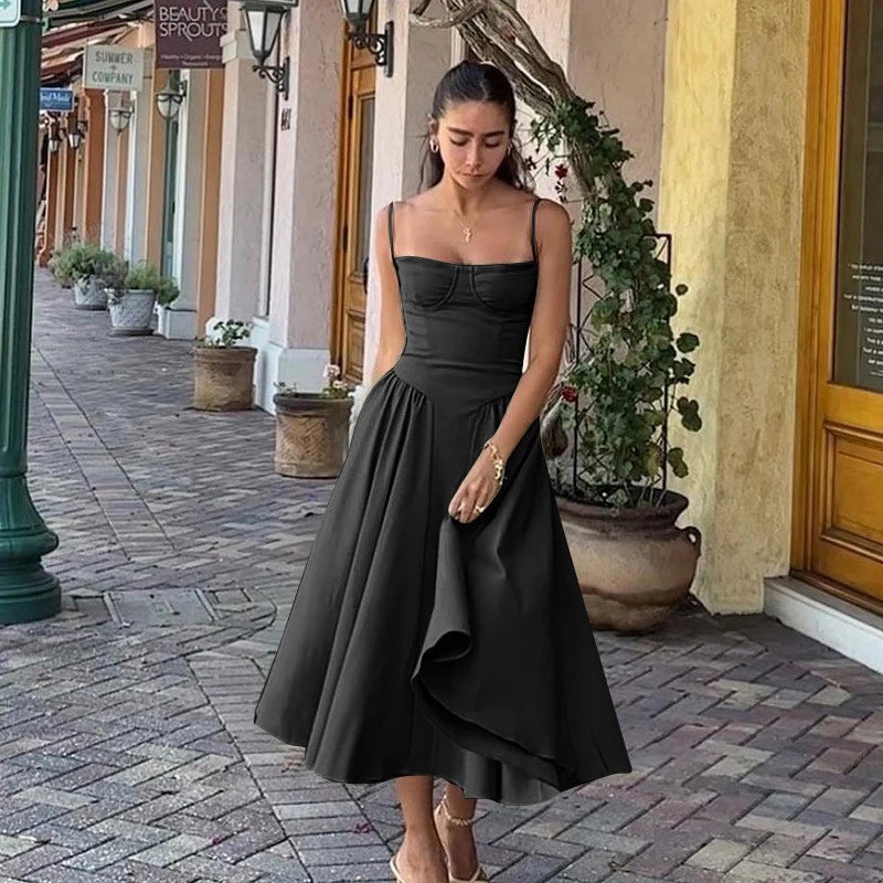 Elegant Spaghetti Strap A-Line Midi Dress – Spring/Summer Party Style