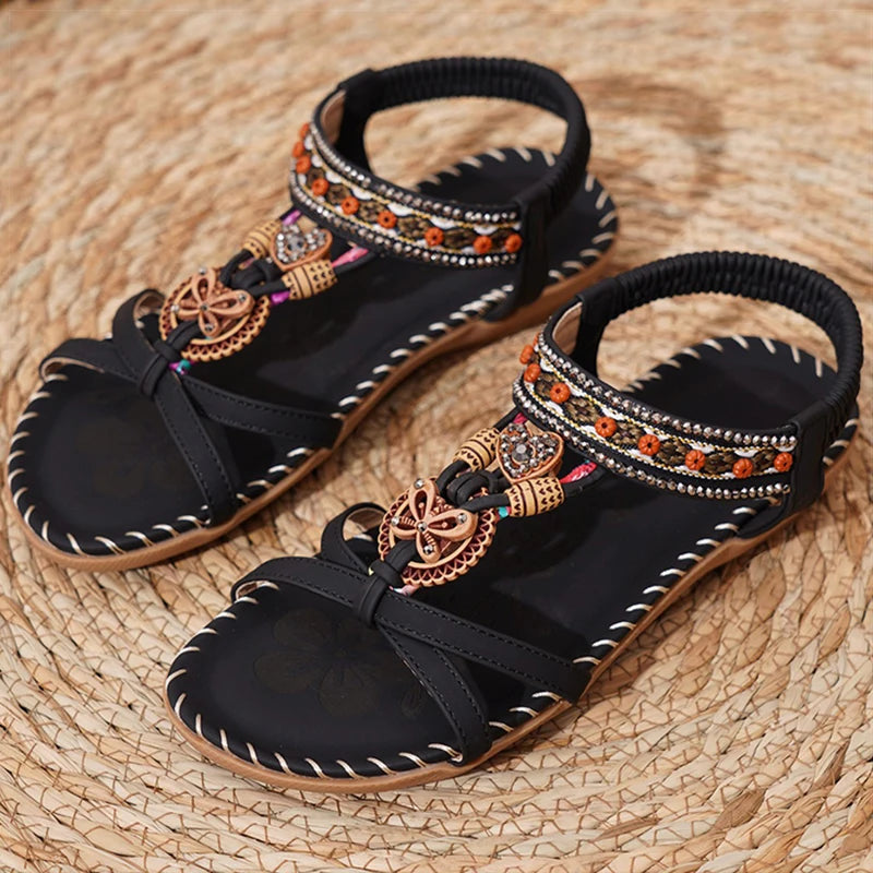 Bohemian Women's Summer Sandals – Soft Sole, Low Heel, Non-Slip Gladiator Style with Beaded Details