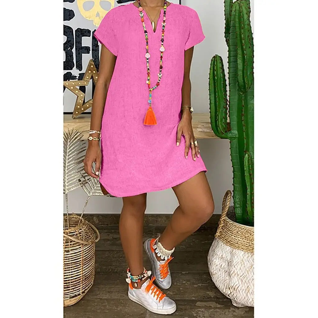Women’s Summer V-Neck Short Sleeve Loose-Fit Cotton Linen Dress - Casual, Draped Mini Dress