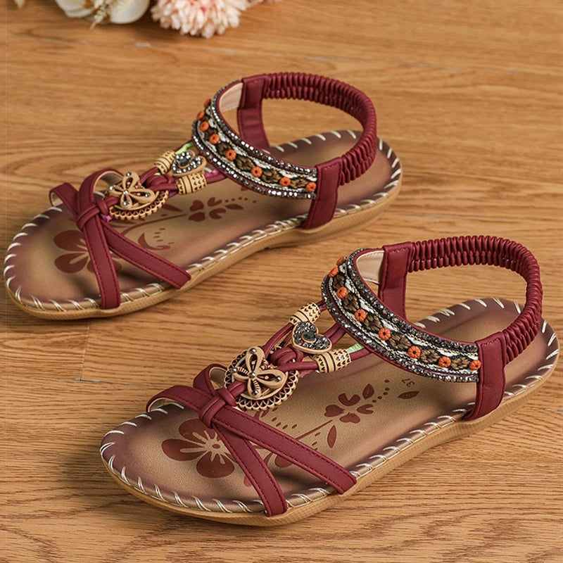 Bohemian Women's Summer Sandals – Soft Sole, Low Heel, Non-Slip Gladiator Style with Beaded Details