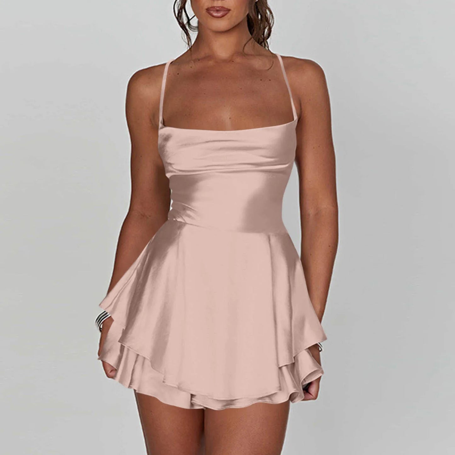 Women’s Satin Backless Mini Dress – Cowl Neck, Spaghetti Straps, Slim Fit Party Dress
