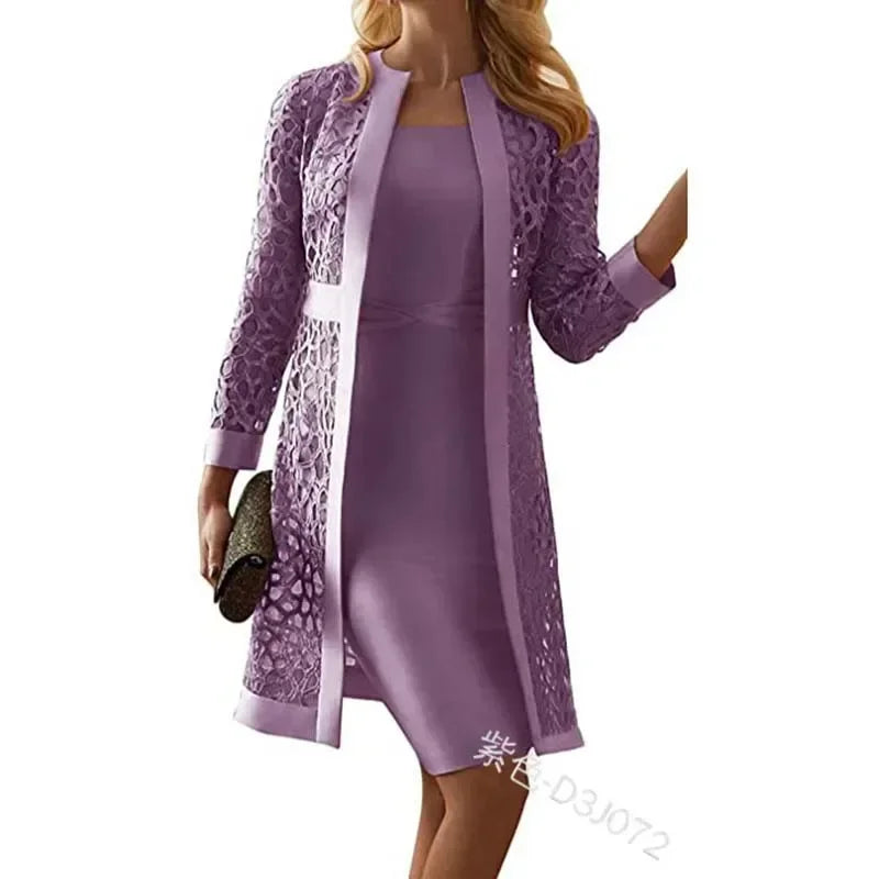 2025 Elegant Women's Dress Suit Set – 2-Piece Lace Cardigan & Knee-Length Sheath Dress for Office, Parties, and Special Occasions