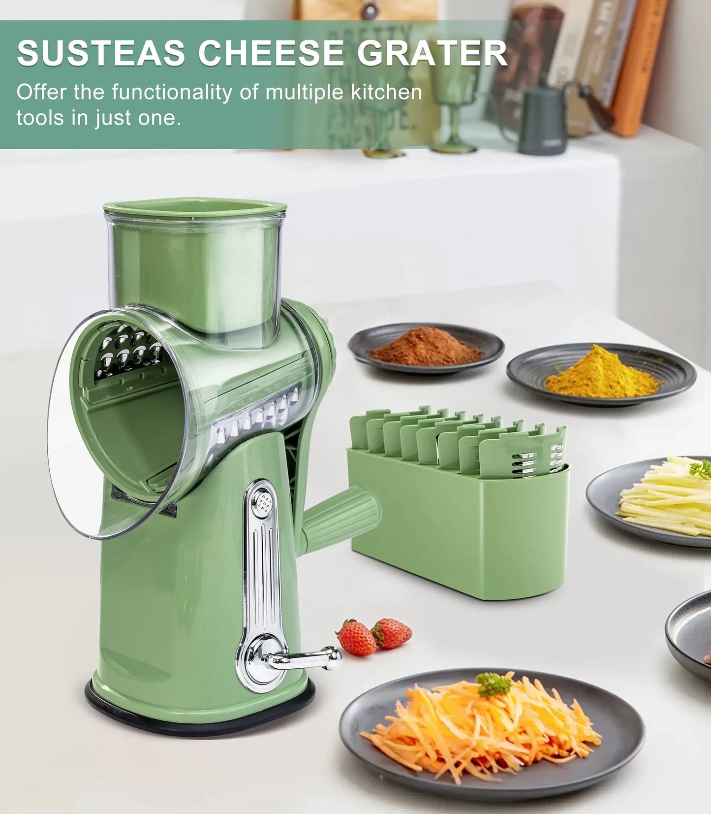 Rotary Cheese Grater with Handle - Food Shredder with 5 Well-designed Blades & Strong Suction Base,Round Mandoline Slicer