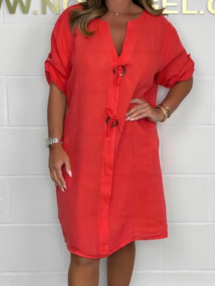 RHJPEADL Women's Solid Color V-Neck Midi Dress with Buttons – Casual Loose Fit Half Sleeve Spring/Summer Dress for Middle-Aged Women