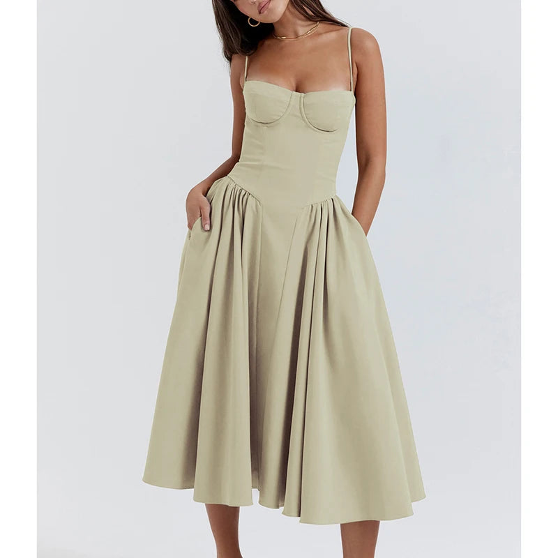 Elegant Spaghetti Strap A-Line Midi Dress – Spring/Summer Party Style