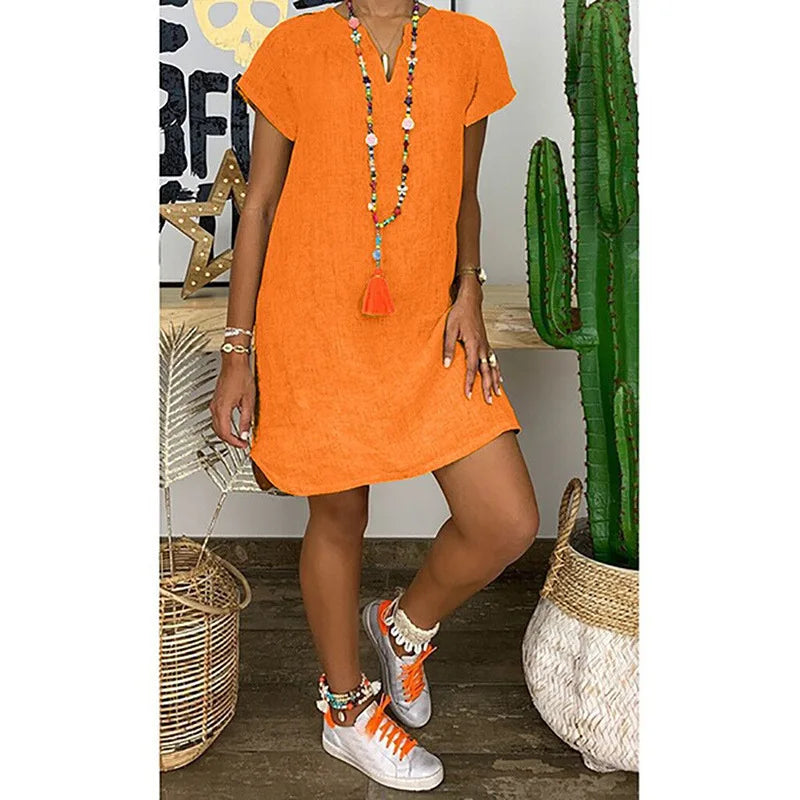 Women’s Summer V-Neck Short Sleeve Loose-Fit Cotton Linen Dress - Casual, Draped Mini Dress