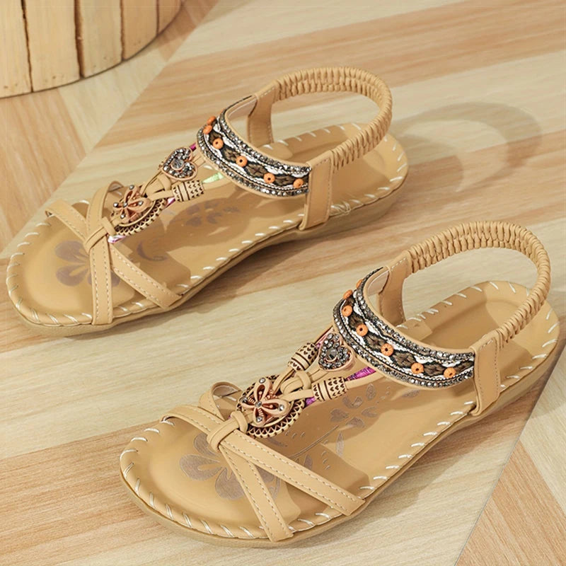 Bohemian Women's Summer Sandals – Soft Sole, Low Heel, Non-Slip Gladiator Style with Beaded Details
