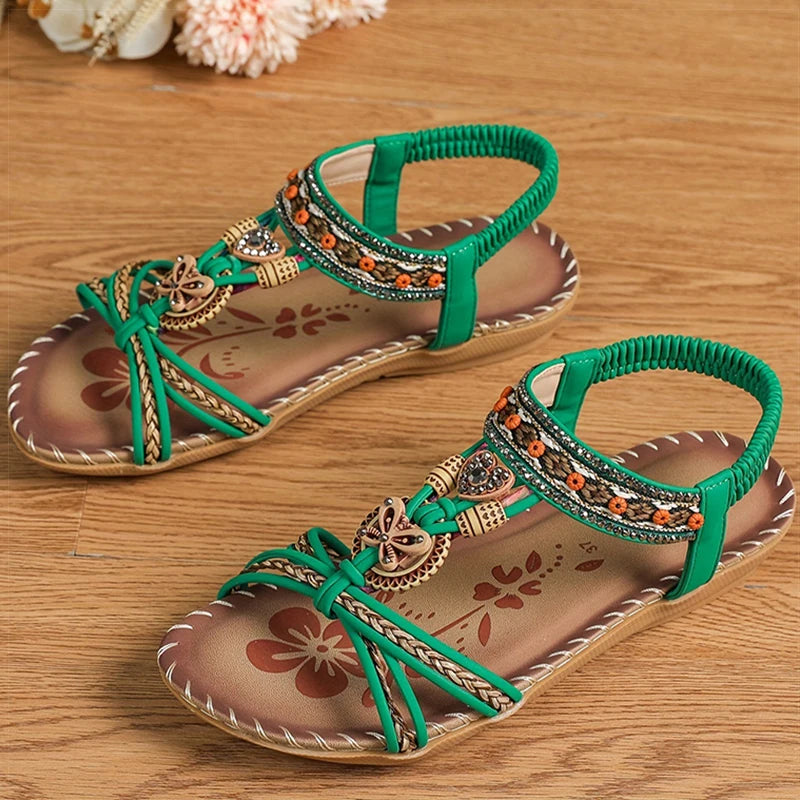 Bohemian Women's Summer Sandals – Soft Sole, Low Heel, Non-Slip Gladiator Style with Beaded Details