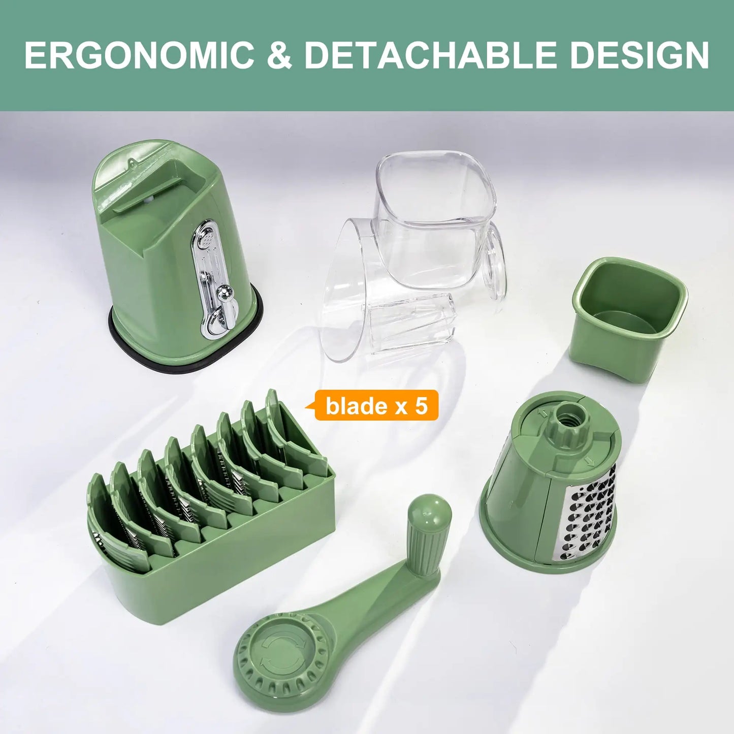 Rotary Cheese Grater with Handle - Food Shredder with 5 Well-designed Blades & Strong Suction Base,Round Mandoline Slicer