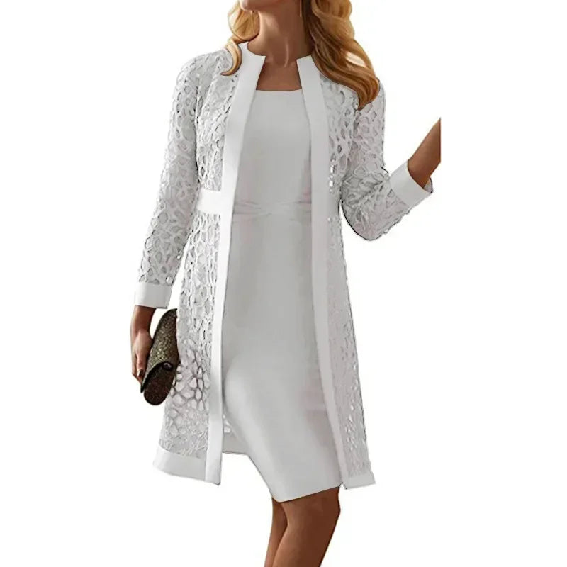 2025 Elegant Women's Dress Suit Set – 2-Piece Lace Cardigan & Knee-Length Sheath Dress for Office, Parties, and Special Occasions
