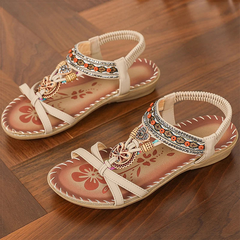Bohemian Women's Summer Sandals – Soft Sole, Low Heel, Non-Slip Gladiator Style with Beaded Details