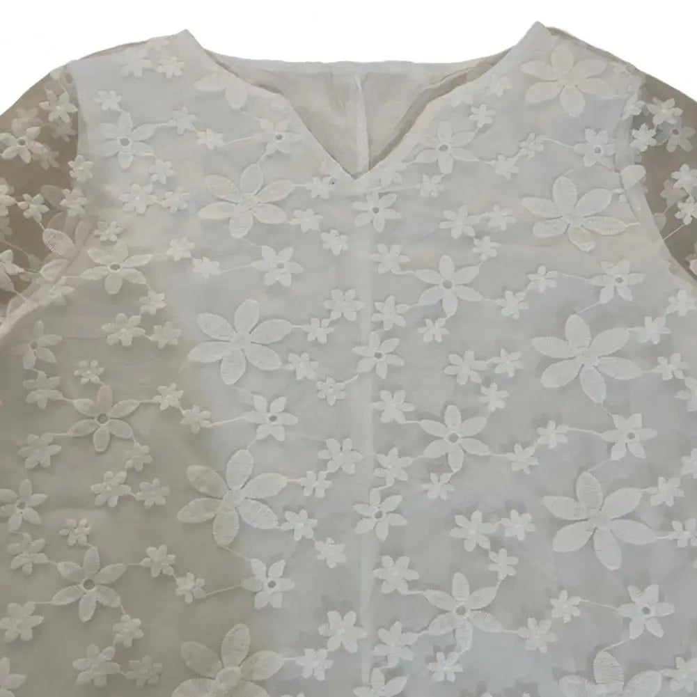 Female Beach Dress V Neck Half Sleeves Flower Embroidery Pullover - Elegant Casual Wear White Color Women Summer Loose Casual Midi