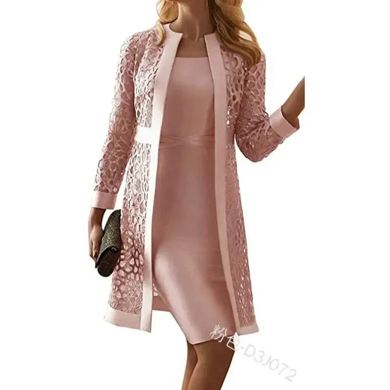2025 Elegant Women's Dress Suit Set – 2-Piece Lace Cardigan & Knee-Length Sheath Dress for Office, Parties, and Special Occasions