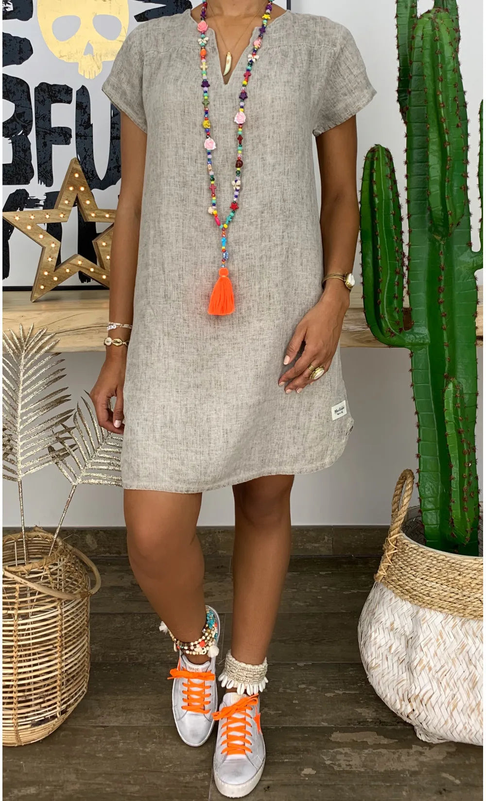 Women’s Summer V-Neck Short Sleeve Loose-Fit Cotton Linen Dress - Casual, Draped Mini Dress