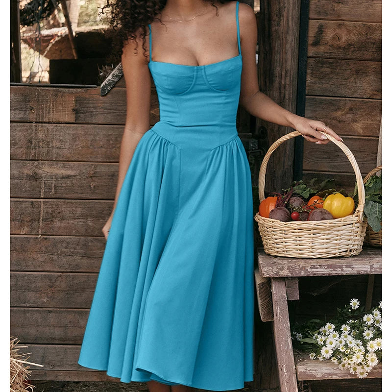 Elegant Spaghetti Strap A-Line Midi Dress – Spring/Summer Party Style