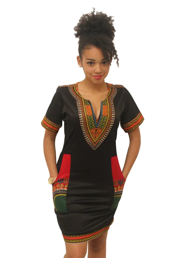 African Dresses for Women Summer 2022 Fashion Style African Women Short Sleeve V-neck Polyester Knee-length Dress