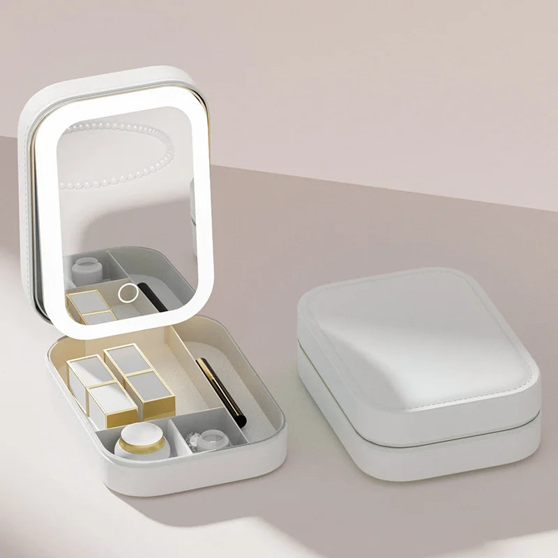 Portable Makeup Storage Box with LED Mirror – Travel Cosmetic Organizer with Touch Light