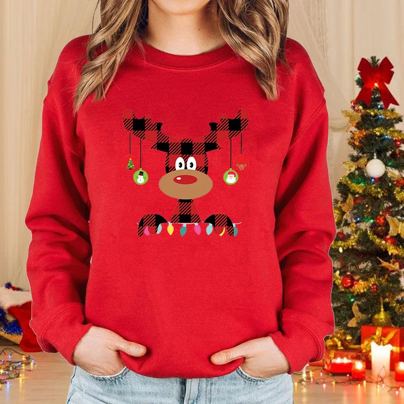 Women’s Merry Christmas Elk Sweatshirt – Cute Holiday Pullover, Fleece-Lined, Casual Winter Knit Top