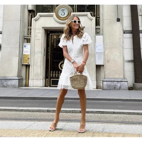 2025 Women's Elegant Lace A-Line Dress – V-Neck, Short Sleeve, Backless, Knee-Length – Casual, Party, Office Wear