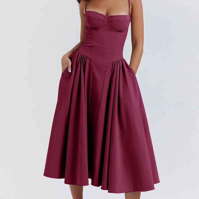 Elegant Spaghetti Strap A-Line Midi Dress – Spring/Summer Party Style