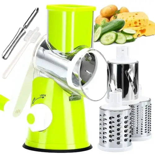 Manual Rotary Grater & Vegetable Slicer - Stainless Steel Multi-Function Kitchen Tool