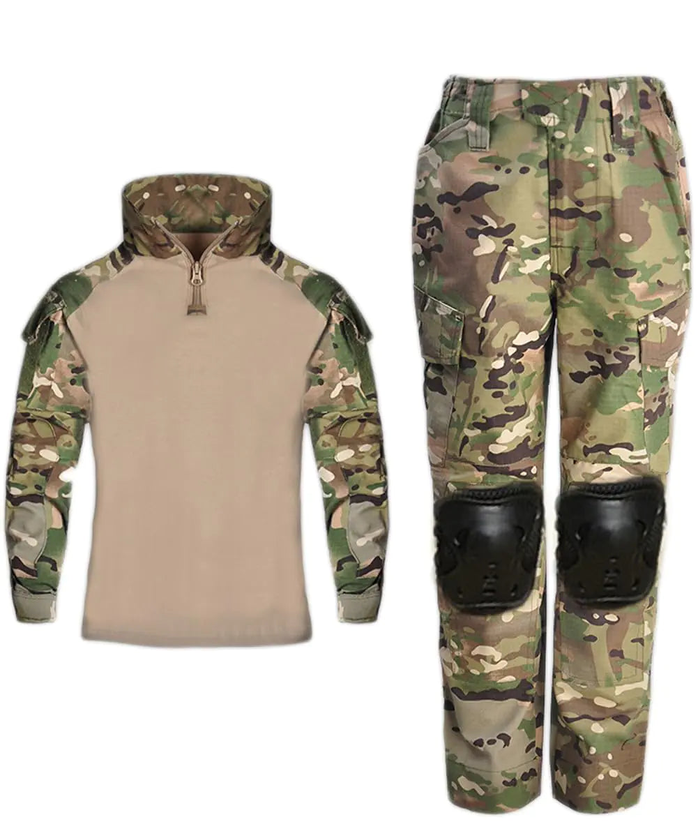 KUFORES Kids Airsoft Outfit Long Sleeve BDU Suits with Knee Pads Amry Uniforms Combat Shirt Pants Camo Clothing Gear Chirstmas Halloween Paintball Apparel Youth Boys 9 Years L