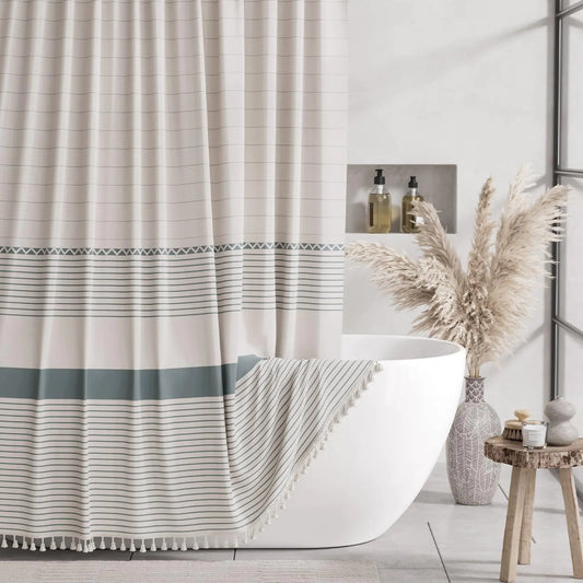 AmazerBath Farmhouse Shower Curtains for Bathroom Boho Shower Curtain with Tassels Striped Shower Curtain Beige Faux Linen Shower Curtain with Hooks Rustic Shower Curtain Neutral 72x72 Inches