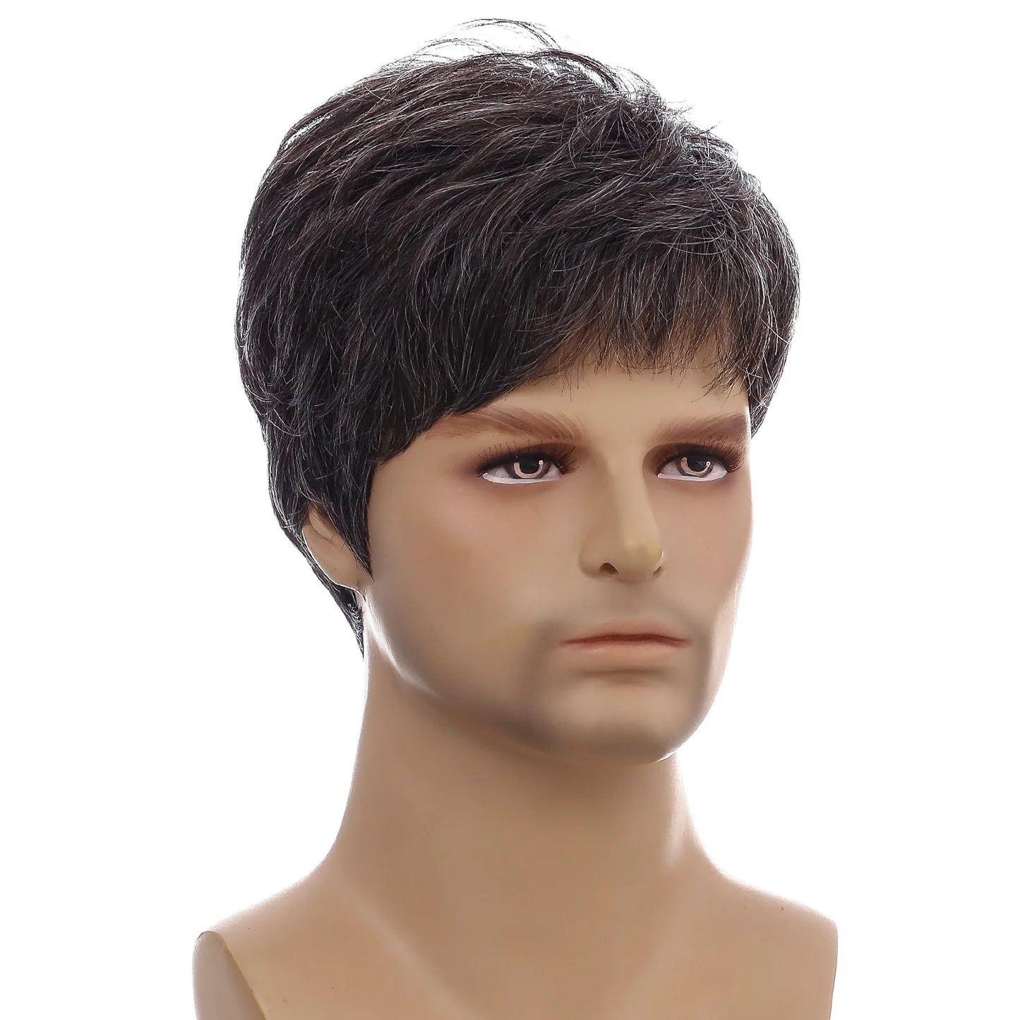 Wigs for Men Synthetic Short Straight Hair With Bangs - Natural Black - Mixed Grey Wigs Cosplay Daily Use Heat Resistant Fiber Wigs